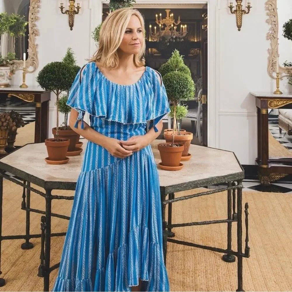 Tory Burch Runway 2019 Blue Embroidered Floral Striped Scoop Neck Midi Dress M